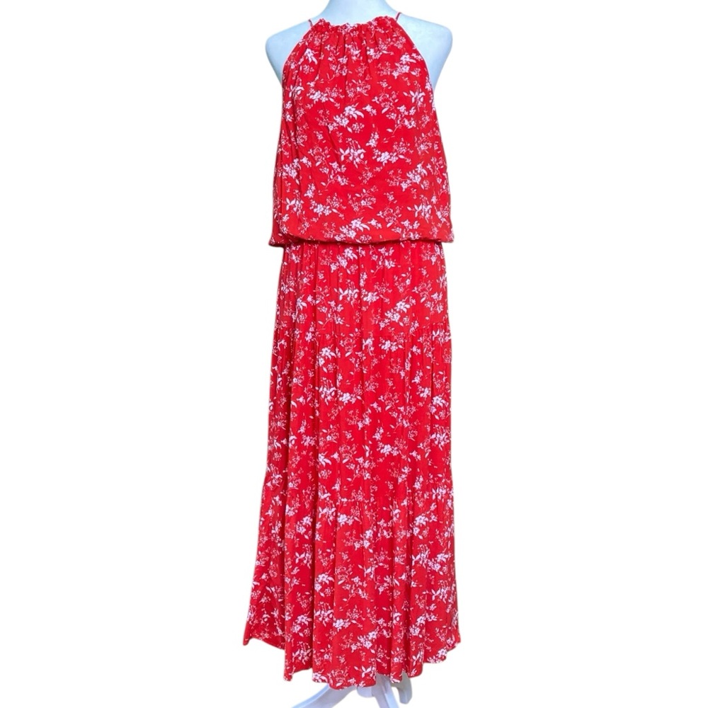 By The River Red White Floral‎ Halter Top Tiered Maxi Skirt 2 Piece Set (Size M)